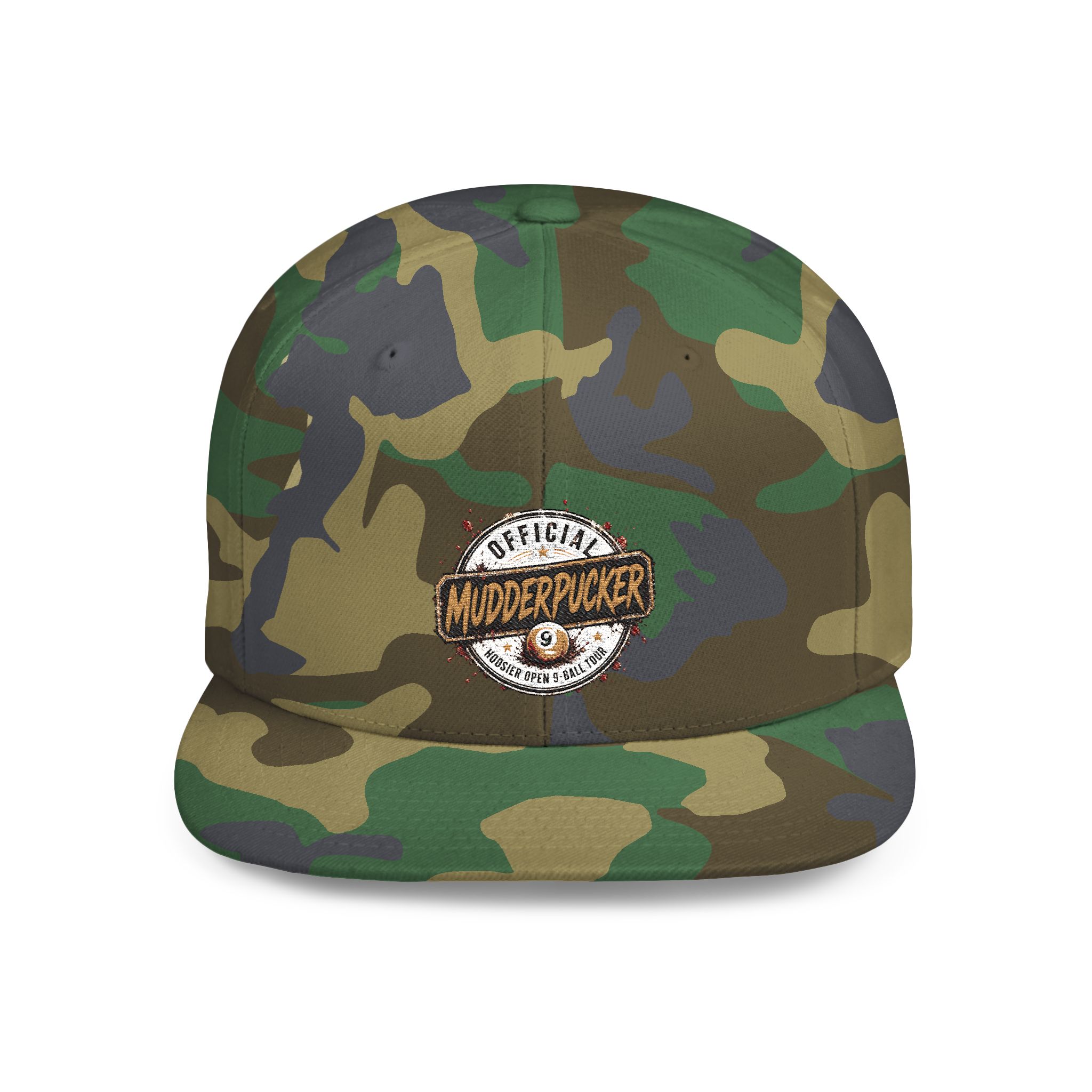 Flat Bill Snapback Hat — Distressed "Official MudderPucker" Logo Embroidered Cap - Image 17